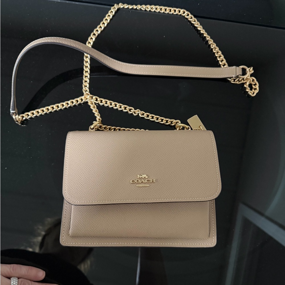 Coach Beige Leather Crossbody Bag with Gold Chain